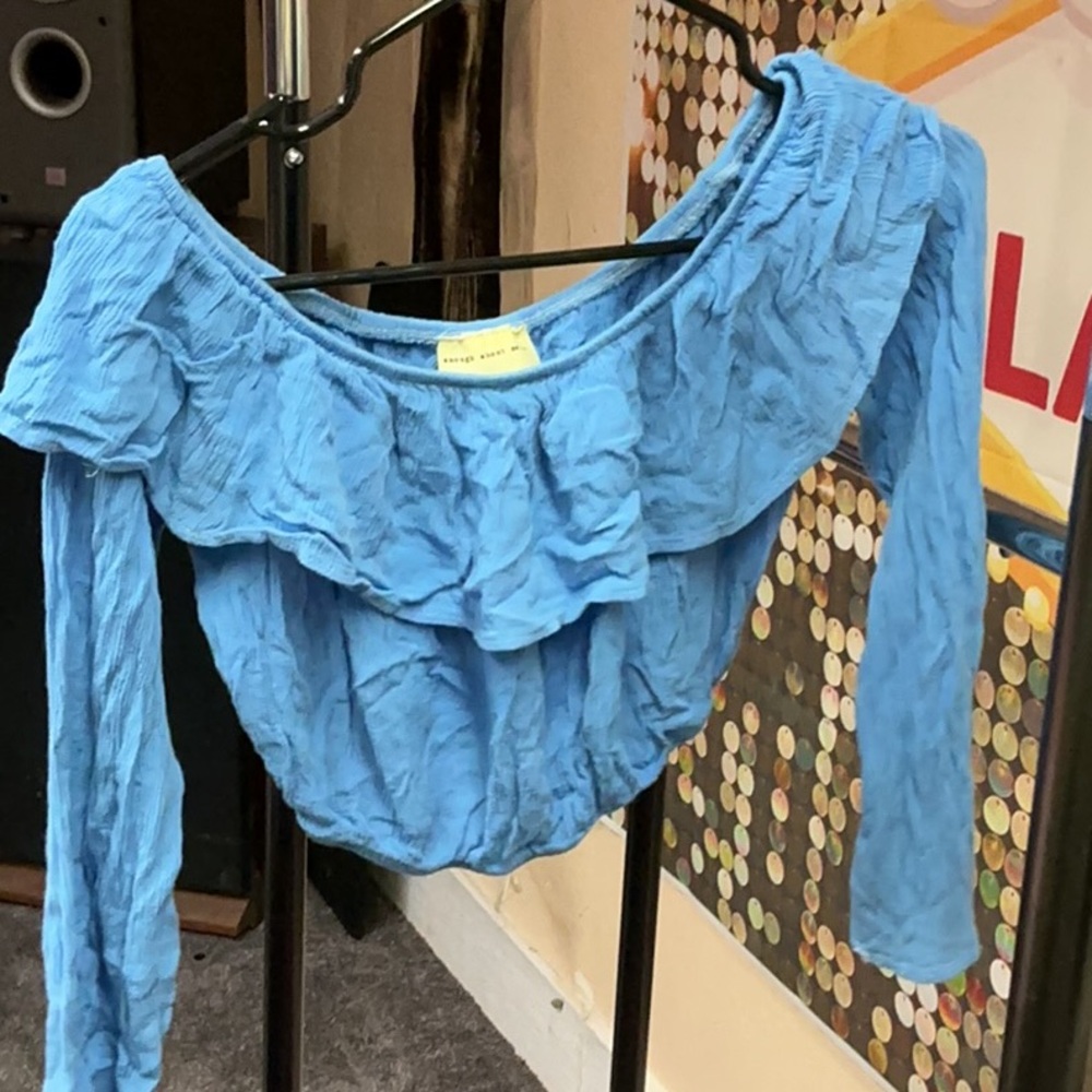 Enough About Me Blue Ruffled Long Sleeve Crop Blouse